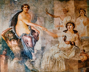 fresco of the nymph saved by Hermes in the temple of Isis in Pompeii.  Pompeii destroyed by the...