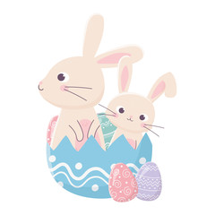 happy easter day, cute bunnies in eggshell eggs decoration