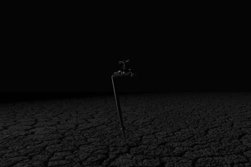Fototapeta na wymiar 3d rendering of dry earth with spigot in dark light. Concept of water shortage