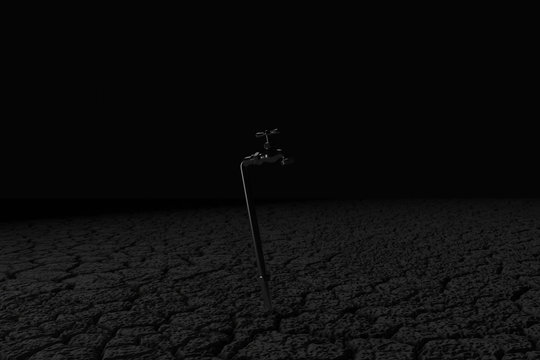3d rendering of dry earth with spigot in dark light. Concept of water shortage