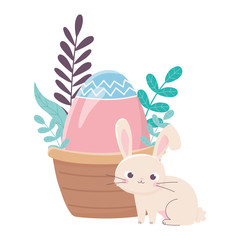 happy easter day, rabbit with basket egg foliage leaves