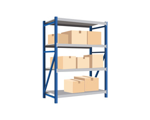 Vector illustration of an blue metal shelving with boxes on a white background.