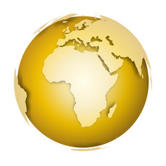 Golden Earth globe. 3D world map with metallic lands dropping shadows on gold surface. Vector illustration