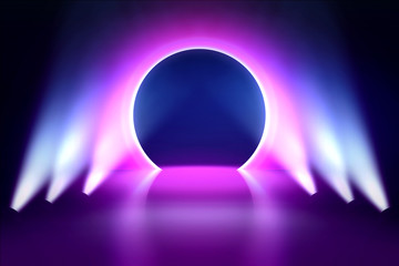 Pink neon round frame. Luminous swirling bunner. Glowing spiral. Light Ring background. Abstraction geometric neon circle. Shine LED ellipse 3D illustrator