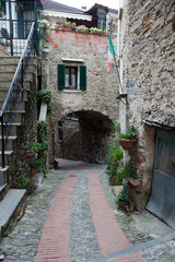 Dolceacqua (IM), Italy - December 19, 2017: View of old houses in the inside of Dolceacqua village, Imperia, Liguria, Italy