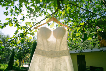 beautiful wedding dress hanging on a tree