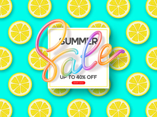 Summer Sale banner with 3d colorful handwritten calligraphy and sliced lemon pieces background. Promo design for seasonal discount. Vector illustration.