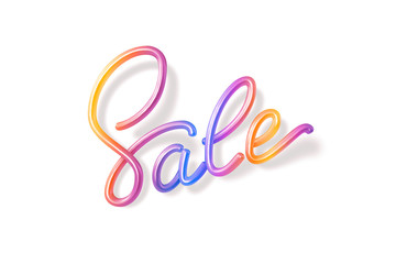 Realistic Sale sign. 3D handwritten calligraphy on white background. Vibrant multicolor Sale label. Promo design for summer seasonal discount. Vector illustration.