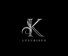 Initial K letter silver luxury beauty flourishes vintage monogram logo perfect for boutique, wedding invitation, restaurant,hotel.
