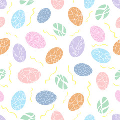 Seamless festive background of colorful Easter eggs on a white background. You can use it for packaging, textiles, and web design.