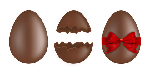 Chocolate easter eggs on white background. Whole egg, broken egg and egg with red bow.