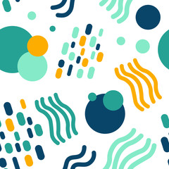 Abstract fun hand drawn geometric shapes in dark blue,green, yellow lemon colors.Trendy flat style design seamless pattern stock vector illustration for wrapping paper, textile, wallpaper, fabric