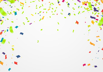 Holiday balloons and confetti flying on white background, illustration