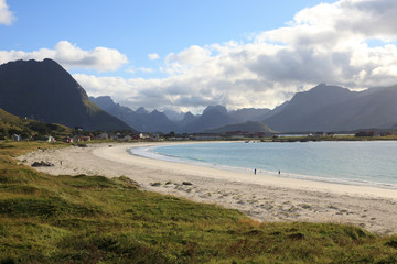 Lofoten Islands / Norway - August 30, 2017: Rambergstranda beach, Lofoten Islands, Nordland, Norway, Scandinavia, Europe