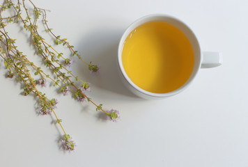 Healthy herbal tea with bunch of fresh wild thyme on old wooden background. Cup of thyme tea, herbal drink.