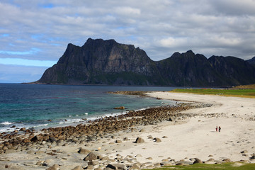 Lofoten Islands / Norway - August 30, 2017: Utakleiv Beach landscape, Lofoten Islands, Nordland, Norway, Scandinavia, Europe