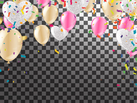 Illustration colourful party balloons, confetti with space for text