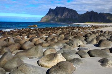 Lofoten Islands / Norway - August 30, 2017: Utakleiv Beach landscape, Lofoten Islands, Nordland,...