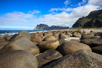 Lofoten Islands / Norway - August 30, 2017: Utakleiv Beach landscape, Lofoten Islands, Nordland,...