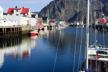 Lofoten Islands / Norway - August 30, 2017: Henningsvaer harbour in Lofoten Islands, Nordland, Norway, Scandinavia, Europe