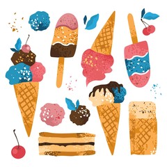 Set with decorative handdrawn types and varieties of ice cream on a white background. The items for the menus of cafes and restaurants, invitations, stickers in the window, card. Vector illustration.