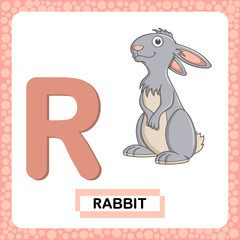 Letter R uppercase with cute cartoon Rabbit or Hare isolated on white background. Funny colorful flashcard Zoo and animals ABC alphabet. Education card for kids learning English vocabulary, alphabet.