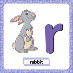 Letter R lowercase with cute cartoon Rabbit or Hare isolated on white background. Funny colorful flashcard Zoo and animals ABC alphabet. Education card for kids learning English vocabulary, alphabet.
