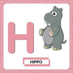 Letter H uppercase with cute cartoon character Hippo isolated on white background. Funny colorful flashcard Zoo and animals ABC alphabet. Education card for kids learning English vocabulary, alphabet.