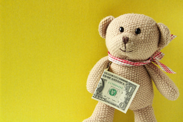 Teddy bear stands and holds money, US dollar, on a yellow background.