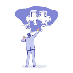 Completion mission concept. Businessman standing with back holding puzzle in hands putting in jigsaw. Business metaphor. Vector illustration sketch style. Successful implementation plan. Execute plan.