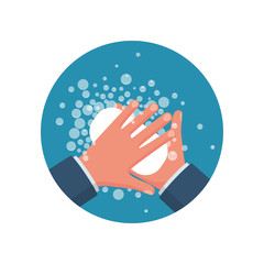 Wash hands. Man holding soap in hand in soap bubbles. Vector illustration flat design isolated on background. Personal hygiene. Disinfection, skin care. Antibacterial washing