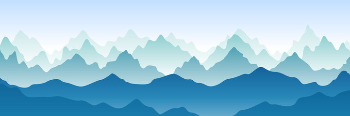 Fantasy on the theme of the morning landscape, sunrise in the mountains, panoramic view. Vector illustration of beautiful dark blue mountain landscape with fog. Sunset in mountains. Hills and rocks.
