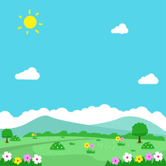 Spring landscape vector illustration with flowers, green field and bright sky suitable for background or illustration 