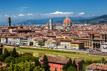 Fototapeta na wymiar Top view of Florence, Palazzo Vecchio and Cathedral of Santa Maria del Fiore, the main attractions of Florence. Italy