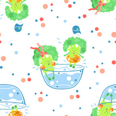 Vector seamless pattern of cute smiling broccoli. Fun food. Funny broccoli. Cabbage. Vector pattern for printing on textiles, wallpaper, paper, packaging.