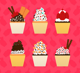 Cupcake Design Illustrations With Various Girly Decorations And Toppings. Sweet Cupcake With Chocolate Topping, Nuts, Wafers, Waffles, Melted Chocolate, Sweets, Vanilla Cream, Colorful Containers