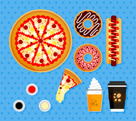 Illustration Set Of Pizza Orders At American Fast Food Restaurants. Poster Elements Of Food Complete With Hot Coffee, Orange Juice With Float Ice Cream, Slices pizza With Melted Mozzarella Cheese