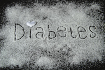 diabetes, the text is written in white sugar, on black,with a white heart.