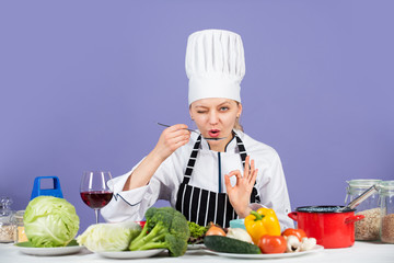 Eat well, live well. being really professional. eco-friendly products for cooking. Chef fresh and delicious vegetables for cooking. Cooking fresh vegetables. happy chef woman. culinary and cuisine