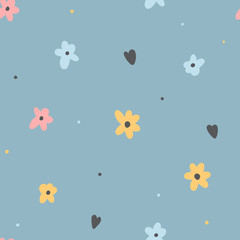 Kids cute seamless pattern with hand drawn flowers for print, textile, apparel design. Modern girly background.