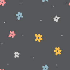 Kids cute seamless pattern with hand drawn flowers for print, textile, apparel design. Modern girly background.