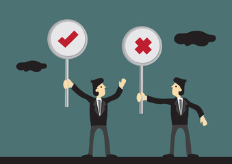 Businessmen Holding Tick and Cross Signs Vector Cartoon Illustration
