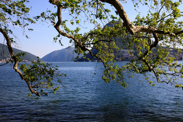 Lugano / Switzerland - June 01, 2019: Lugano lake view, Lugano, Switzerland, Europe