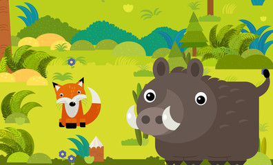 cartoon scene with different european animals in the forest illustration