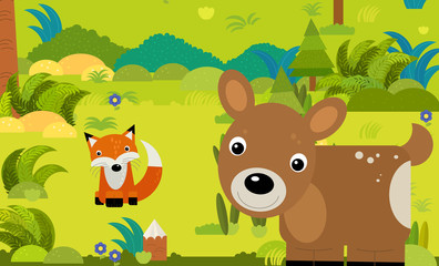 Plakat cartoon scene with different european animals in the forest illustration