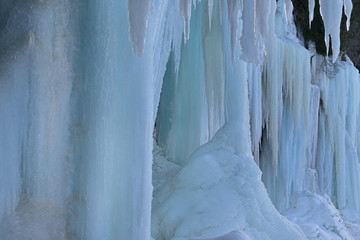 Winter landscape of the exterior of an ice cave, Grand Island National Recreation Area, Lake Superior, Michigan's Upper Peninsula, USA