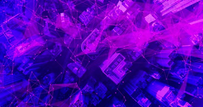Aerial. Camera moving around buildings. Video toned in purple coler with pink lines.
