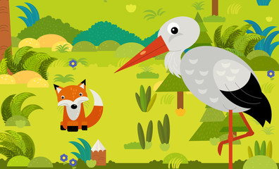 cartoon scene with different european animals in the forest illustration