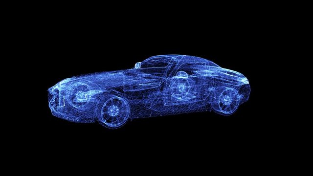 Hologram of a modern Racing Car. 3D animation of sport auto on a black background with a seamless loop