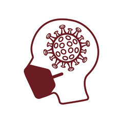 Coronavirus icon. Human head silhouette with face-mask and virus icon. Vector line art logo illustration. Isolated on white.